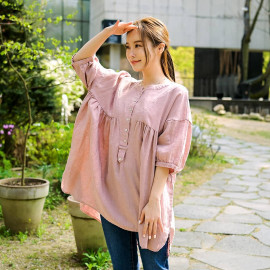[Natural Garden] MADE N Henley Neck Shirring Linen Blouse_High-quality materials, linen materials, signature products_ Made in KOREA