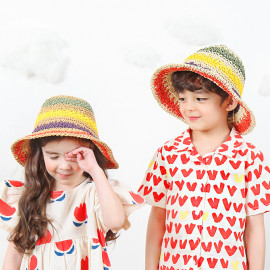 [BABYBLEE] A21502_ Kids Rainbow Straw Hat Wide Brim Beach Sun Cap Foldable Large 100% Paper Straw Hat