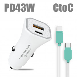 [S2B] TEMPLER PD 43W Car Charger 2Port _ with USB C to USB C Cable, USB C+USB A Dual Port PPS Fast Charger, Cigarette Lighter Adapter Compatible with iPhone Samsung Galaxy